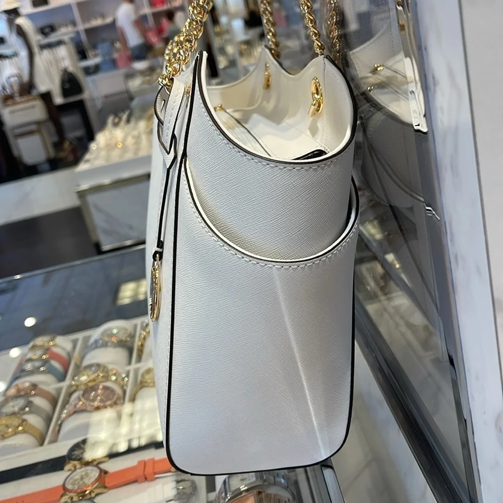 Michael Kors Jet Set Travel Lg Saffiano Leather Chain Shoulder Tote Optic White